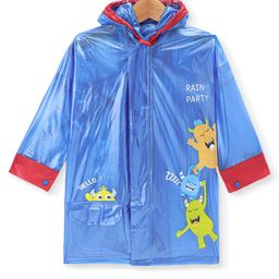 Babyhug Full Sleeves Below Knee Length Hooded Raincoat with Monster Print - Blue-image-58
