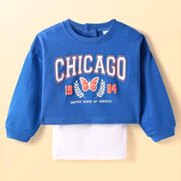 Babyhug Cotton Knit Full Sleeves Crop Sweatshirt with Inner Top Chicago Print - Blue-image-57