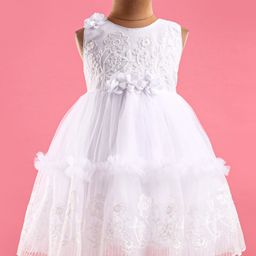 Babyhug Woven Sleeveless Floral Embroidered Fit & Flared Party Frock with Lace Cut Detailing & Corsage - White-image-39