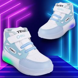 PASSION PETALS Color Blocked & Oegi Text Designed Velcro Closure LED Shoes - Light Blue & White-image-67