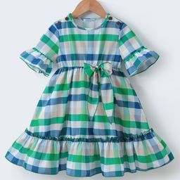 Mark & Mia Half Bell Sleeves Checkered Frock with Bow Applique - Green-image-85