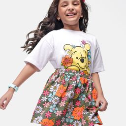 Babyhug Cotton Knit Half Drop Shoulder Sleeves Top with Winnie The Pooh Graphics & Floral Printed Skirt - White-image-3