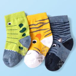 Cute Walk By Babyhug Non Terry Knit Anti-Bacterial Anti-Skid Socks With Animal Design Pack of 3 - Green Grey & Yellow-image-66