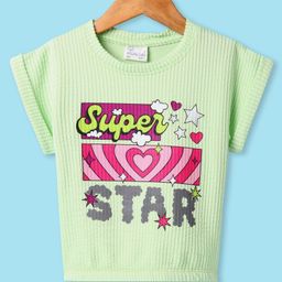 Olio Kids Cotton Knit Half Sleeves Textured Top with Text Print - Light Green-image-35