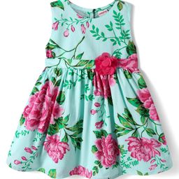Babyhug Cotton Knit Sleeveless Frock with Floral Print & Applique - Sea Green-image-93