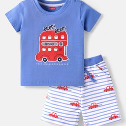 Babyhug Single Jersey Knit Half Sleeves T-Shirt & Shorts Set with Car Print - Light Blue-image-101