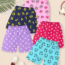 KUCHIPOO Cotton Blend Pack Of 5 Panda & Alphabets Printed Shorts - Pink Lilac Magenta Blue & Black-picture-8