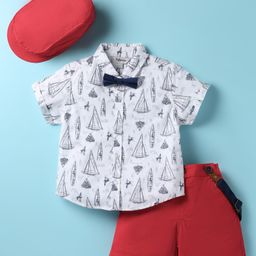 ToffyHouse Poplin Woven Half Sleeves Boat Printed Shirt & Shorts With Bow Suspender & Cap - Red & White-image-71
