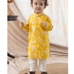 Tiber Taber 100% Cotton Full Sleeves Floral Printed Kurta & Pyjama Set - Yellow-image-80