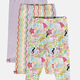 MINI KLUB Cotton Pack Of 3 Solid & Jungle Theme Printed Leggings - Purple & White-image-66