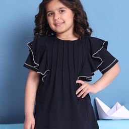BaawRi Cotton Lycra Knit Half Sleeves Frill Detailed Solid Top - Navy Blue-image-77