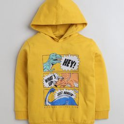 BUMZEE Looper Knit Full Sleeves Dino Printed Hooded Sweatshirt - Yellow-image-84