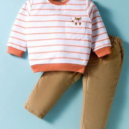 ToffyHouse Interlock Woven Full Sleeves Winter Wear Striped Sweatshirt & Lounge Pant Set With Fox Embroidery - Orange & Brown-picture-28