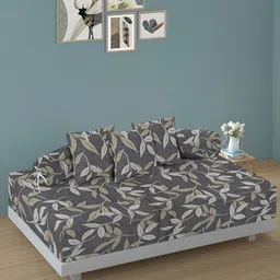 Aura Set Of 6 Grey & Beige Printed Leaf TC Cotton Diwan Set-16
