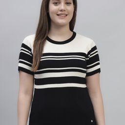 Cantabil Women Striped Monochrome Cut Outs T-shirt-image-69