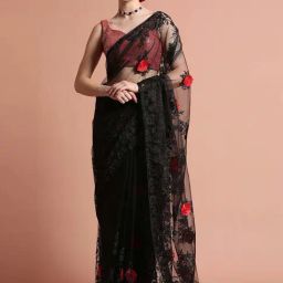 Jaipur Kurti Black Embroidered Saree With Unstitched Blouse-picture-5