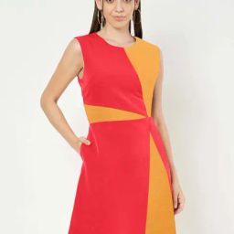 Brinns Red & Mustard Regular Fit Color-Block Dress-picture-2
