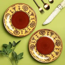VarEesha Brown Warli Brown Ceramic Dinner Plate - Set of 2-image-62