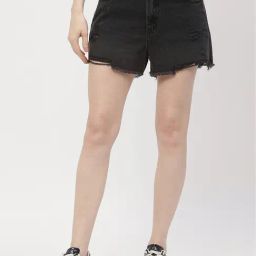 MADAME Black Cotton Regular Fit Shorts-image-26