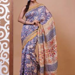 Unnati Silks Blue & Mustard Printed Saree With Unstitched Blouse-picture-7