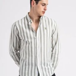 Red Tape Green& White Cotton Loose Fit Striped Shirt-image-71