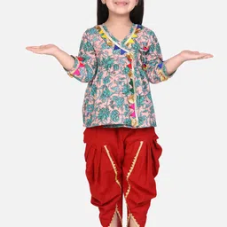 BownBee Girls Peach-Coloured & Blue Printed Kurti with Dhoti Pants-picture-8