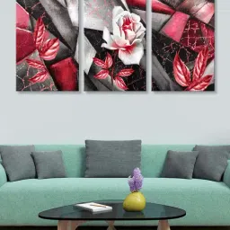 999Store Grey & Pink Abstract Flower and Roses Art 3 Frame Canvas Paintings-42
