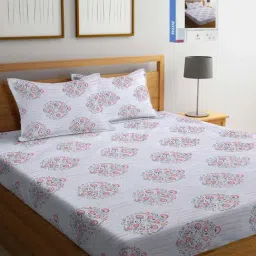Klotthe White & Pink Cotton Blend 300 TC Super King Double Bed Sheet With 2 Pillow Covers-image-5