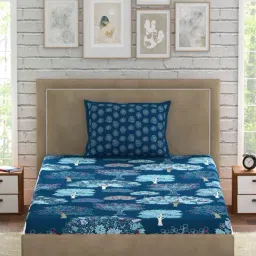 Petal Home Acadia Floral Blue 300 TC Cotton Single Bed Sheet with 1 Pillow Cover-picture-0
