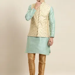 Sojanya Green & Beige Regular Fit Self Pattern Kurta Set With Jacket-image-56