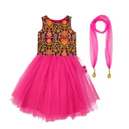 A.T.U.N. Fuchsia & Black Embroidered Lehenga with Blouse & Dupatta-image-2