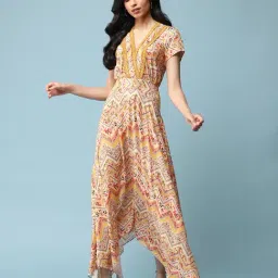 aarke Ritu Kumar Yellow Printed Maxi Assymetric Dress-image-57