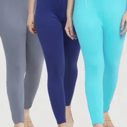 Gracit Grey & Blue Mid Rise Leggings - Pack Of 3-image-82