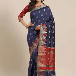 Blissta Navy & Red Woven Saree With Unstitched Blouse-image-16