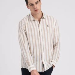 Red Tape Brown & White Cotton Loose Fit Striped Shirt-image-99