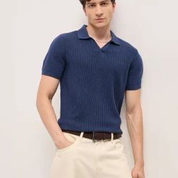 The Bear House Blue Slim Fit Self Design Polo T-Shirt-image-60