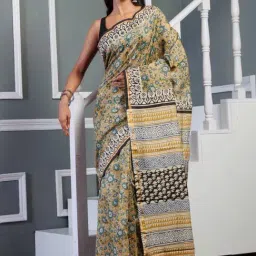 Unnati Silks Yellow Printed Saree With Unstitched Blouse-image-67
