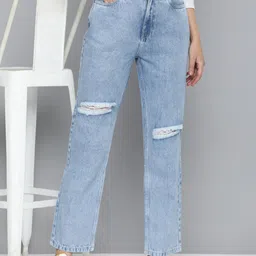Mast & Harbour Women Straight Fit High-Rise Slash Knee Light Fade Jeans-picture-31