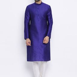 NAMASKAR Men Blue Dupion Silk Solid Kurta with Churidar-image-54
