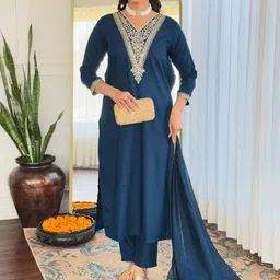 S.K.C Floral Yoke Design V-Neck Sequinned Straight Kurta With Trousers & Dupatta-image-18