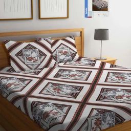 Klotthe White & Brown Cotton Blend 300 TC Super King Double Bed Sheet With 2 Pillow Covers-image-88