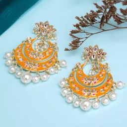 Karatcart Gold-Plated Yellow Meena Lotus Design Pearl Chand Bali Earrings-8