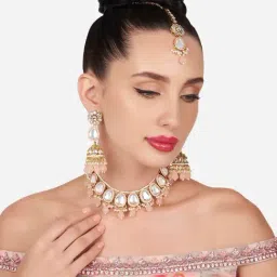 Zaveri Pearls Peach Beaded Kundan Choker Necklace Earring Maangtikka Set-ZPFK16174-image-47