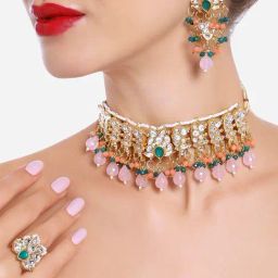 Zaveri Pearls Multicolor Cluster Drops Kundan Choker Necklace Earring & Ring Set-ZPFK16512-19
