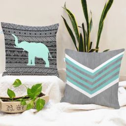 Stitchnest Grey Teal Multicolor Printed Poly Cotton Cushion Covers- Set of 2-2