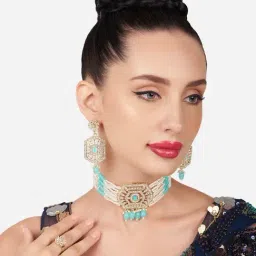 Zaveri Pearls Turquoise Blue Multistrand Ethnic Choker Necklace Earring & Ring Set-ZPFK16169-image-10