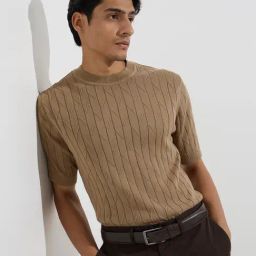 Ascot by Westside Taupe Knit-Textured Relaxed-Fit Cotton T-Shirt-image-91