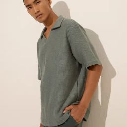 ETA by Westside Dusty Teal Textured Relaxed-Fit Cotton Polo T-Shirt-image-95