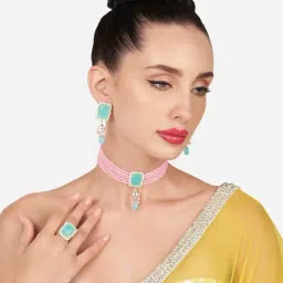 Zaveri Pearls Pink & Turquoise Blue Crystal Multistrand Choker Necklace Earring Ring Set-ZPFK16177-image-71