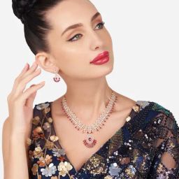 Zaveri Pearls Pink Dazzling Cubic Zirconia Designer Brass Necklace & Earring Set-ZPFK16161-12